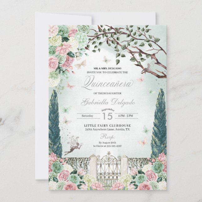 Invitación Hada de Plata Rosa Encantada Jardín Quinceanera (Anverso)