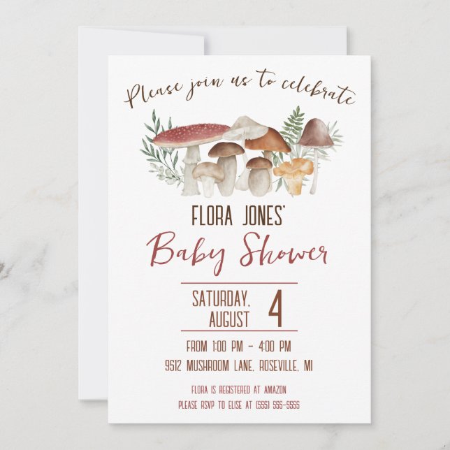Invitación Hada de Woodland, Baby Shower con temas de hongos (Anverso)