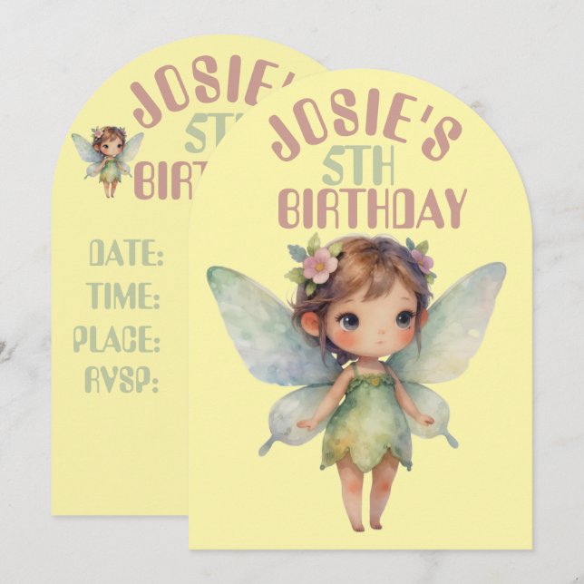 Invitación Hada del Bosque Encantado: Sprite verde pastel (Anverso / Reverso)