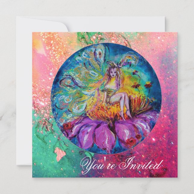 Invitación HADA EN LA NOCHE destellos rosados verdes azules a (Anverso)