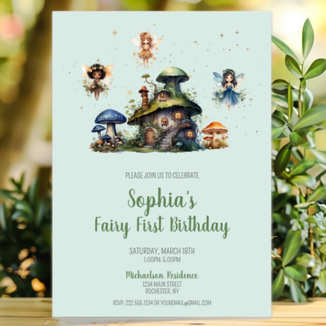 Invitación Hada encantada Primer champiñón de cumpleaños (Enchanted Fairy First Birthday Mushroom Invitation, Whimsical Fairy Garden Invite, Woodland Pixie)