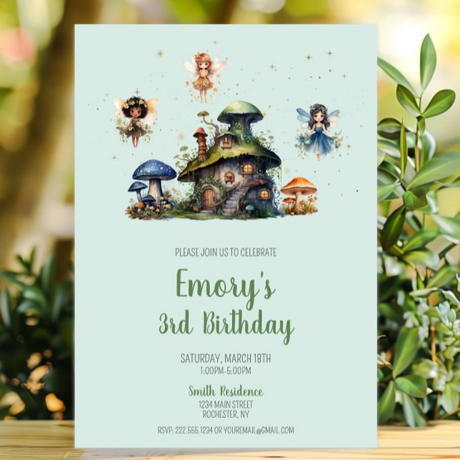 Invitación Hada encantada, tercer hongo de cumpleaños (Enchanted Fairy 3rd Birthday Mushroom Invitation, Whimsical Fairy Garden Invite, Woodland Pixie)