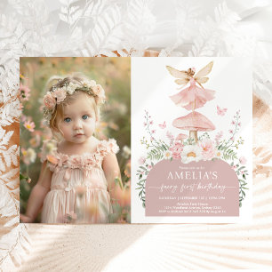 Invitación Hada floral encantada Primera foto de cumpleaños