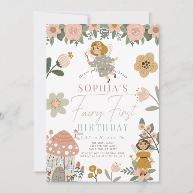 Invitación Hada floral rosa muda por primera vez (Anverso)