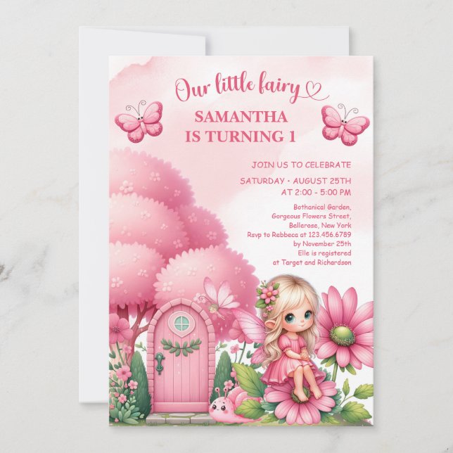 Invitación Hada pequeña rosa sentada sobre flores cumpleaños  (Anverso)