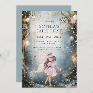 Invitación Hada primer Chica forestal encantado primer cumple