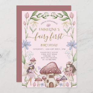 Invitación Hada primer Chica forestal encantado primer cumple