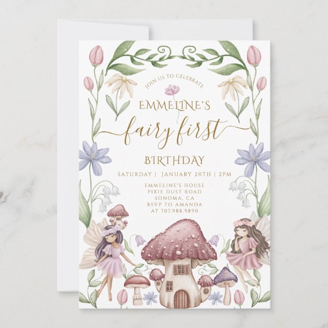 Invitación Hada primer Chica forestal encantado primer cumple (Anverso)