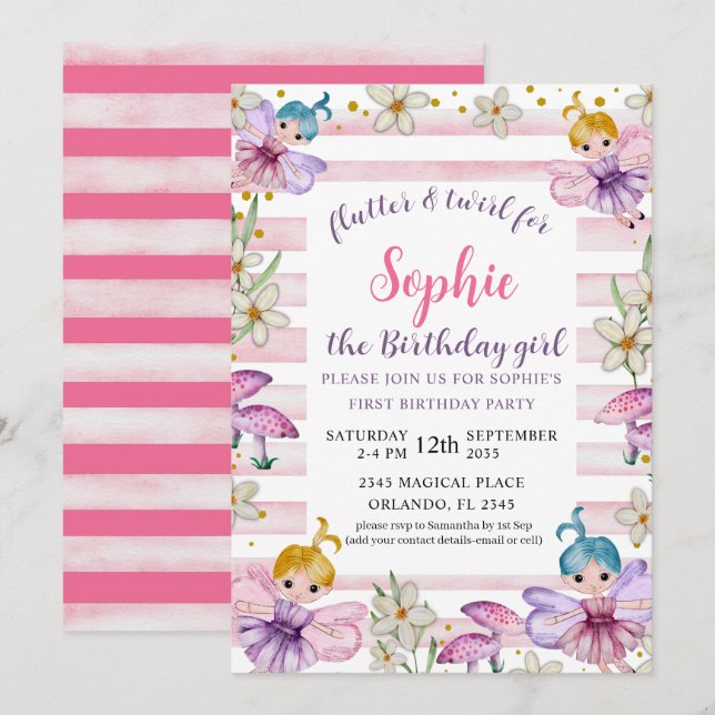 Invitación Hada Princesa Cumpleaños Primero Rosa y Dorado  (Anverso / Reverso)