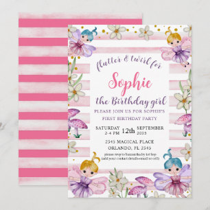 Invitación Hada Princesa Cumpleaños Primero Rosa y Dorado 