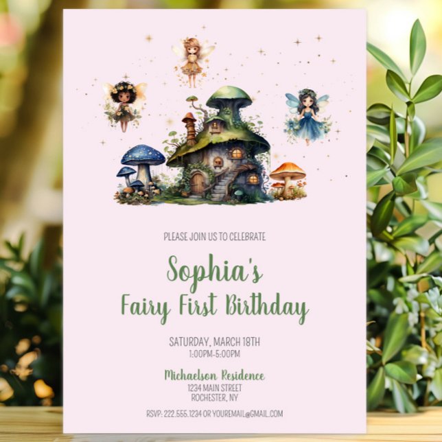 Invitación Hada rosa encantada hongo de primer cumpleaños (Enchanted Fairy First Birthday Mushroom Invitation, Whimsical Fairy Garden Invite, Woodland Pixie)