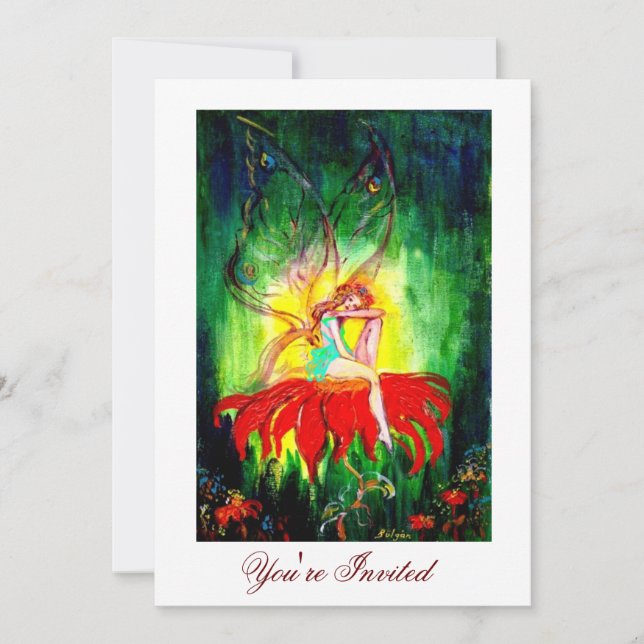 Invitación HADA SOÑANDO EN UNA FLOR ROJA amarillo verde (Anverso)