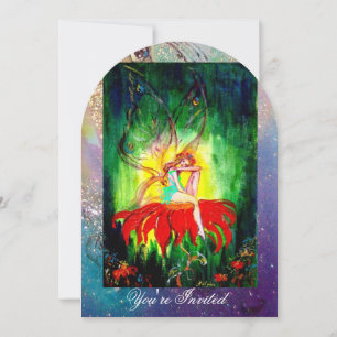 Invitación HADA SOÑANDO EN UNA FLOR ROJA azul amarillo,verde