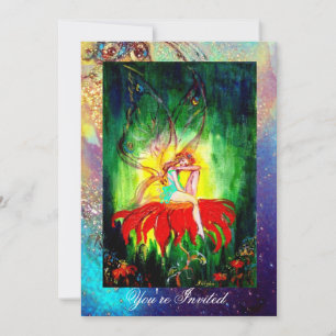 Invitación HADA SOÑANDO EN UNA FLOR ROJA azul amarillo,verde