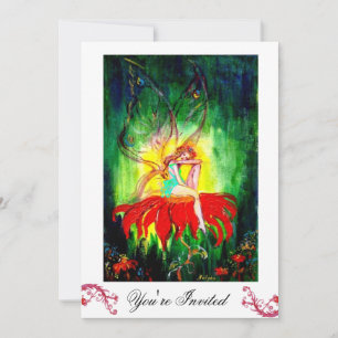Invitación HADA SOÑANDO EN UNA FLOR ROJA blanco amarillo verd