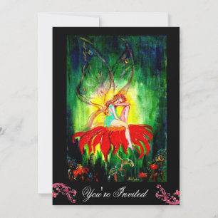 Invitación HADA SOÑANDO EN UNA FLOR ROJA negro amarillo verde