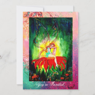 Invitación HADA SOÑANDO EN UNA FLOR ROJA rosa amarillo verde