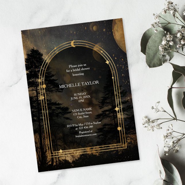 Invitación Hada Tale Encantada Selva Elegante Bridal Floral (dark enchanted forest with  gold moon and stars)