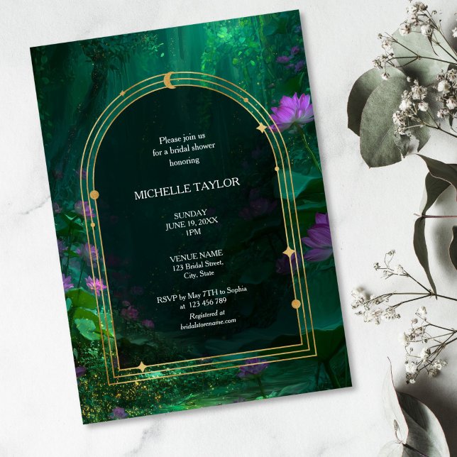 Invitación Hada Tale Encantada Selva Elegante Bridal Floral (green emerald enchanted forest with purple lotus flowers, dark arch framed with gold)