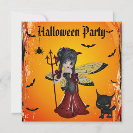 Invitación Hada y gato lindos Halloween de la flor del chica
