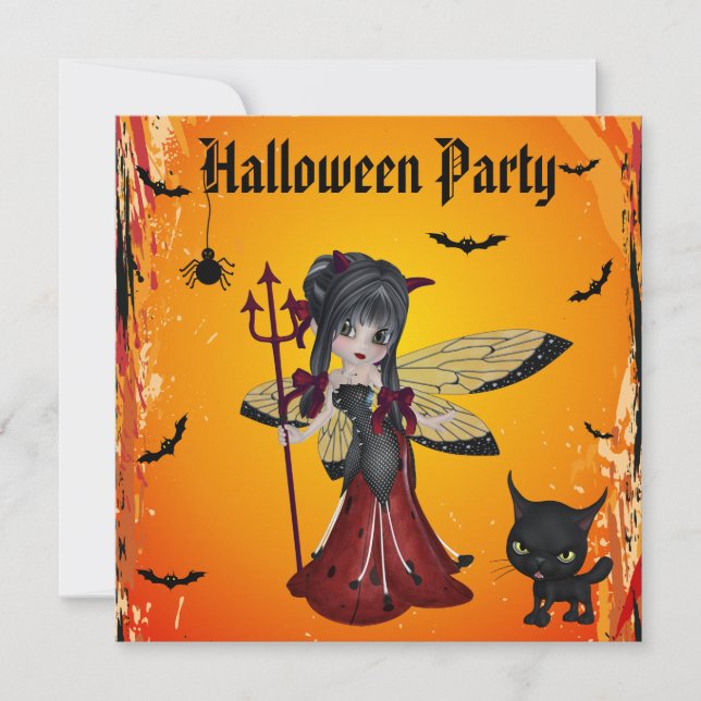 Invitación Hada y gato lindos Halloween de la flor del chica (Anverso)