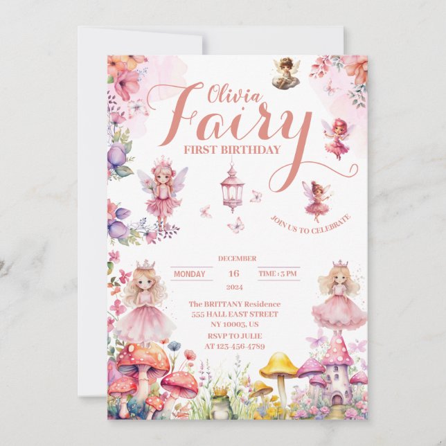 Invitación hadas de princesa pequeña primer cumpleaños de cue (Anverso)