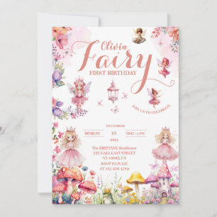 Invitación hadas de princesa pequeña primer cumpleaños de cue