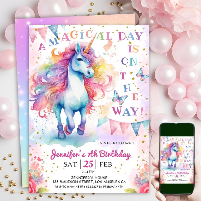 Invitación Hadas de unicornio 7° cumpleaños, arcoiris y estre (#UnicornBirthdayInvitation #UnicornBirthdayInvitationTemplate #UnicornBirthdayInvitationEditable )