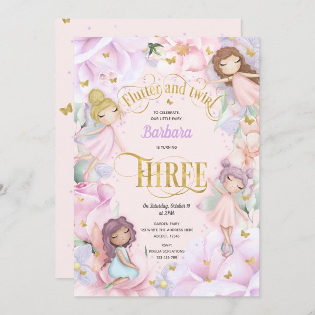 Invitación Hadas encantadas de jardín morado rosado, cumpleañ (Anverso / Reverso)