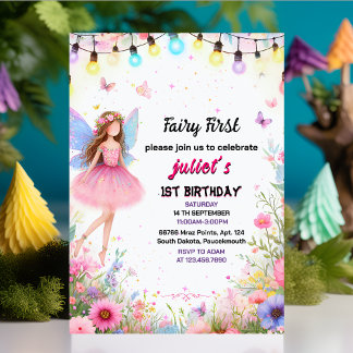 Invitación hadas floral rosada chica lindo primer cumpleaños