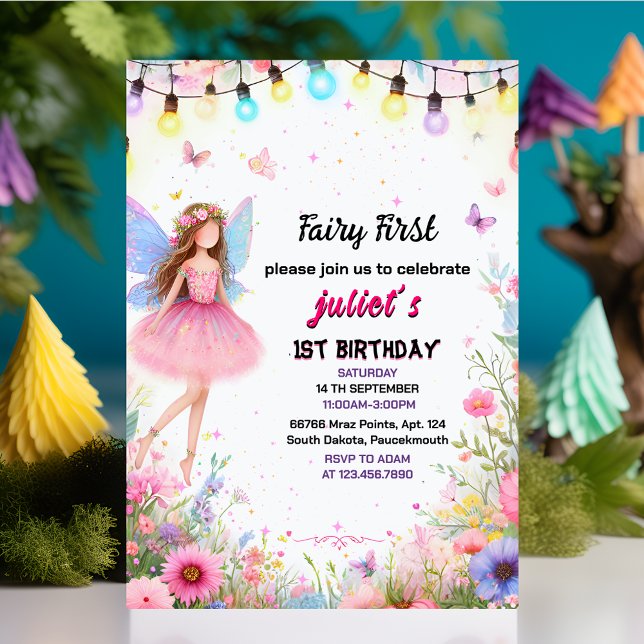 Invitación hadas floral rosada chica lindo primer cumpleaños (Subido por el creador)