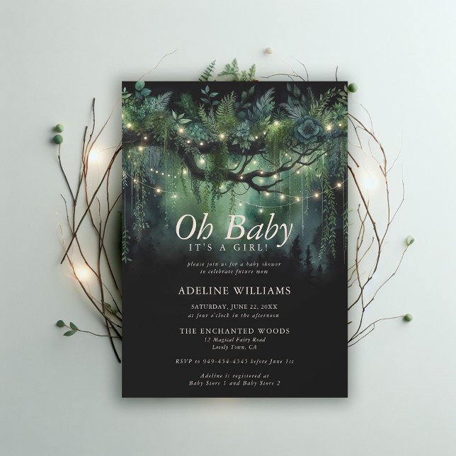 Invitación Hadas forestales encantadas iluminan la Baby Showe (enchanted forest baby shower emerald green magical woodland fairy tale faerie invitation)
