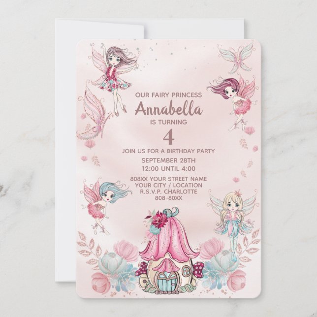 Invitación Hadas Jardín de Purpurinas y casa (Anverso)