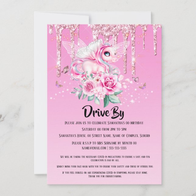 Invitación Hadas mágicas unicornio alas mariposa rosa purpuri (Anverso)