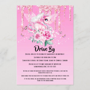 Invitación Hadas mágicas unicornio alas mariposa rosa purpuri