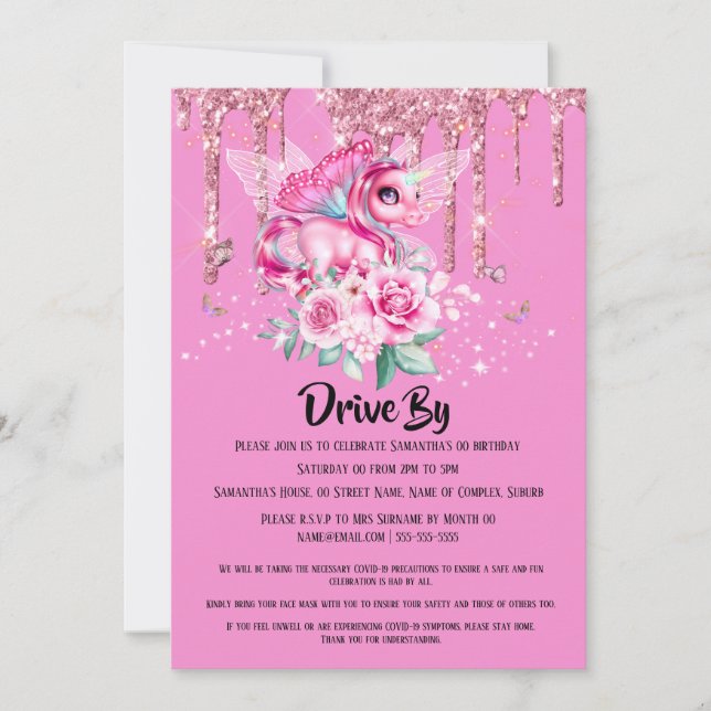 Invitación Hadas mágicas unicornio mariposa purpurina rosa (Anverso)