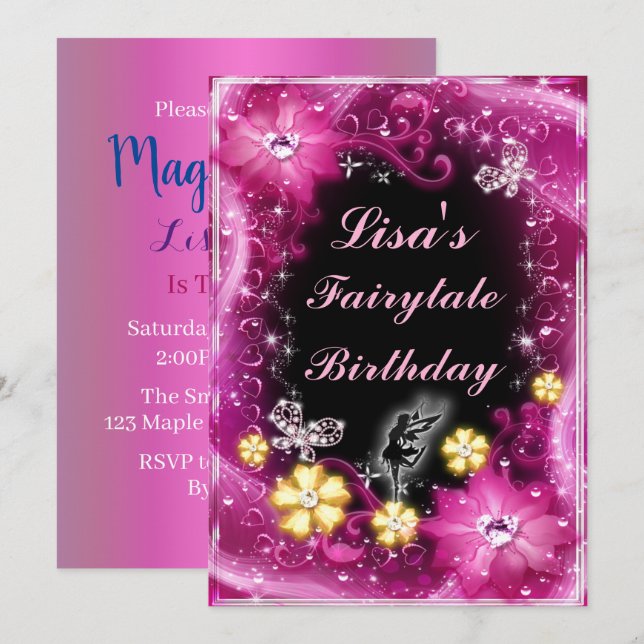 Invitación Hadas Magnéticas Y Mariposas Cumpleaños Floral Ros (Anverso / Reverso)