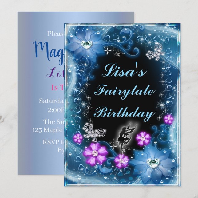 Invitación Hadas Magnéticas Y Mariposas Floral Azul Cumpleaño (Anverso / Reverso)
