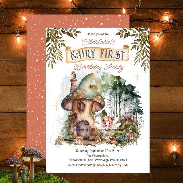 Invitación Hadas Primeros Animales Woodland hongos Primer cum (Fairy First Woodland Animals Mushrooms Girl's 1st Birthday Party Invitation)