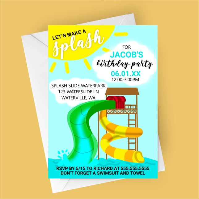 Invitación Hagamos el cumpleaños del parque acuático Splash W (Let's Make a Splash - Kids Waterpark Birthday Party Invitation - Summer Birthday)