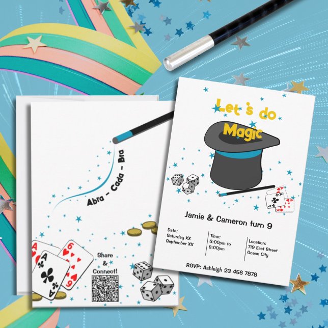 Invitación Hagamos la fiesta de cumpleaños conjunta de Magic  (Let's do Magic Kids Joint Birthday Party Invitation, Black, White, Blue, Custom Text, Color)