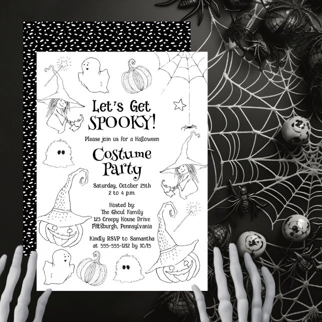 Invitación Hagamos que el Fiesta de disfraces de Halloween se (Black and white 'Let's Get Spooky!' Halloween Costume Party design.)