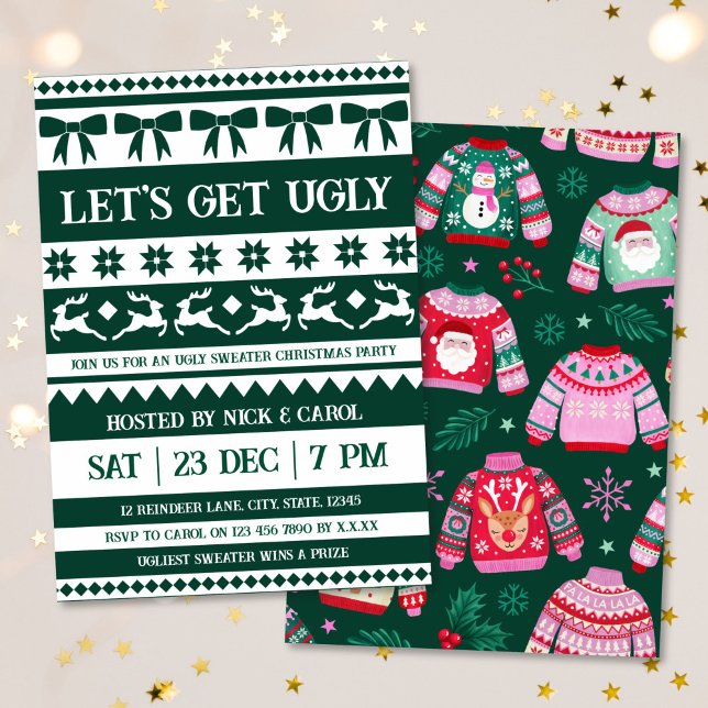 Invitación Hagamos que los Navidades feos sudan un verde oscu (Let's Get Ugly Christmas Ugly Sweater Dark Green Invitation)
