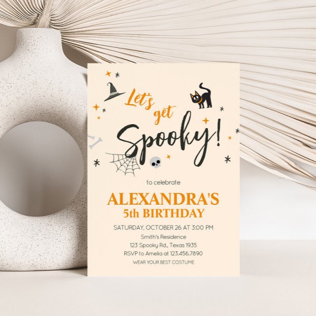 Invitación Hagamos una fiesta de cumpleaños de Cat Halloween  (Cat Lets Get Spooky Halloween Birthday Party Invitation)