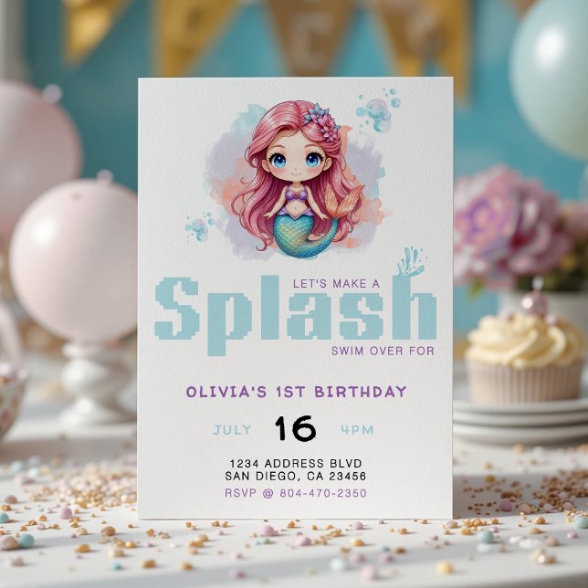 Invitación Hagamos una fiesta de cumpleaños de sirena para lo (Let's Make a Splash Girls Mermaid Birthday Party Invitation
)
