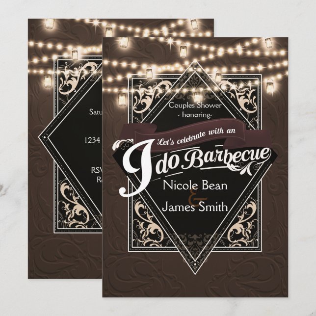 Invitación HAGO BARBACOA BBQ Cuero Falso y Luces Compromiso (Anverso / Reverso)