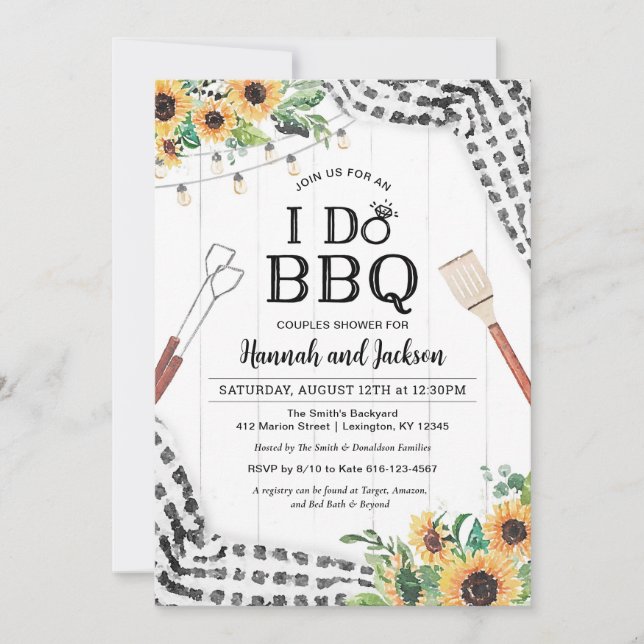 Invitación Hago barbacoa ducha negro y blanco con girasoles (Anverso)