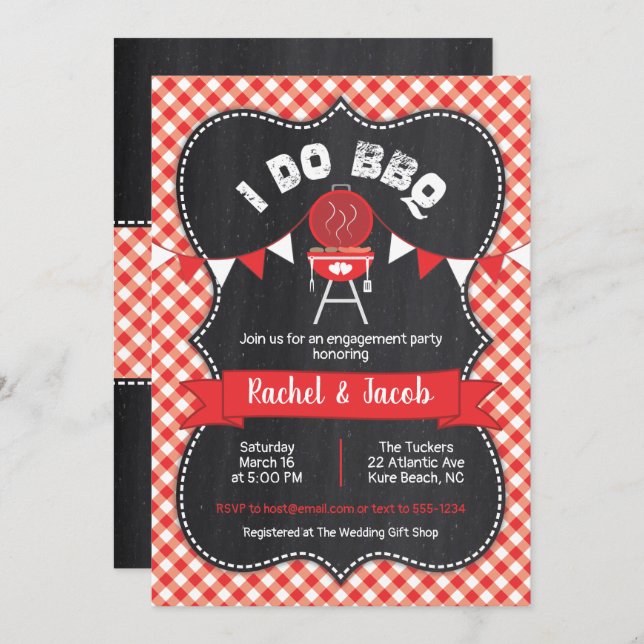 Invitación Hago barbacoas duchan a Red Gingham en Chalkboard (Anverso / Reverso)