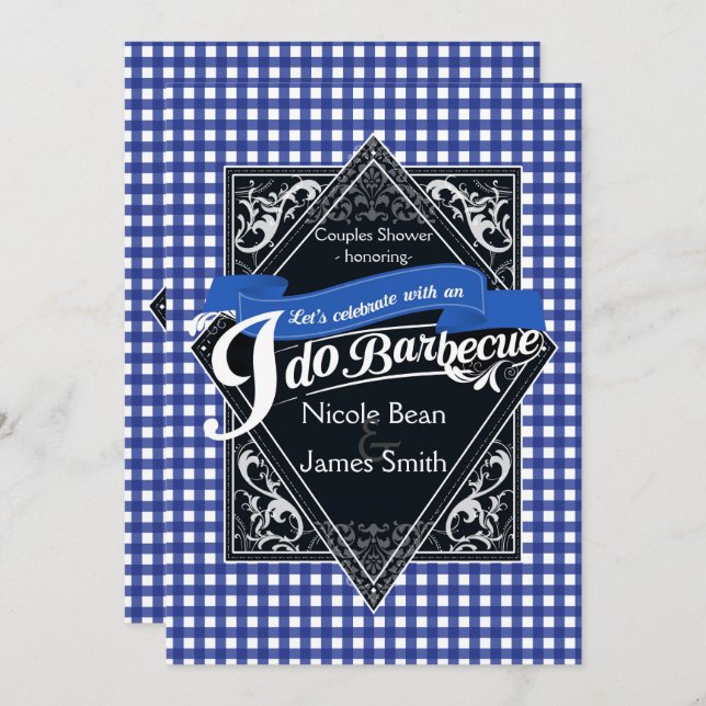 Invitación HAGO BARBECUE BBQ Blue White Checkered Engagement (Anverso / Reverso)