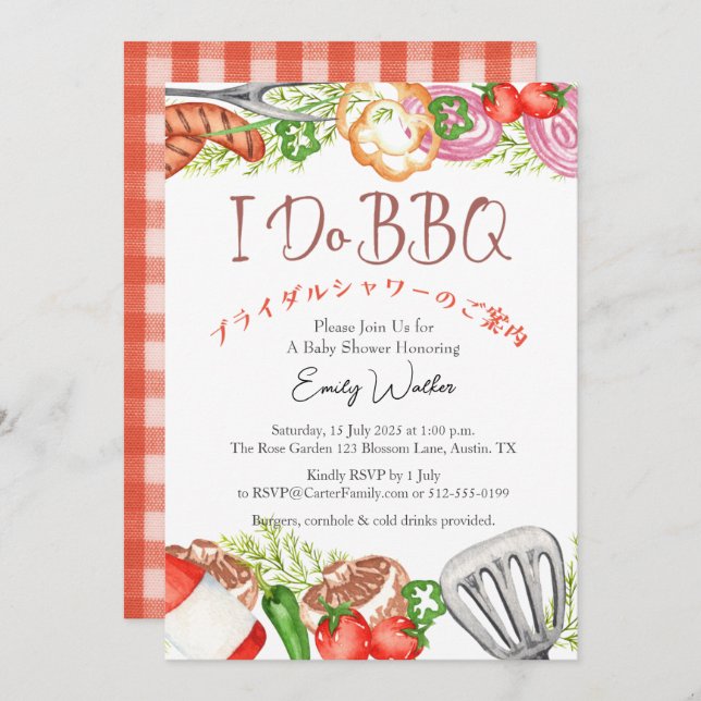 Invitación Hago BBQ Bridal Shower Utensil Alimento Rojo Gingh (Anverso / Reverso)